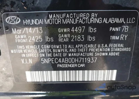 2013 Hyundai Sonata Se 2.0T from USA, damaged, VIN 5NPEC4AB0DH711937